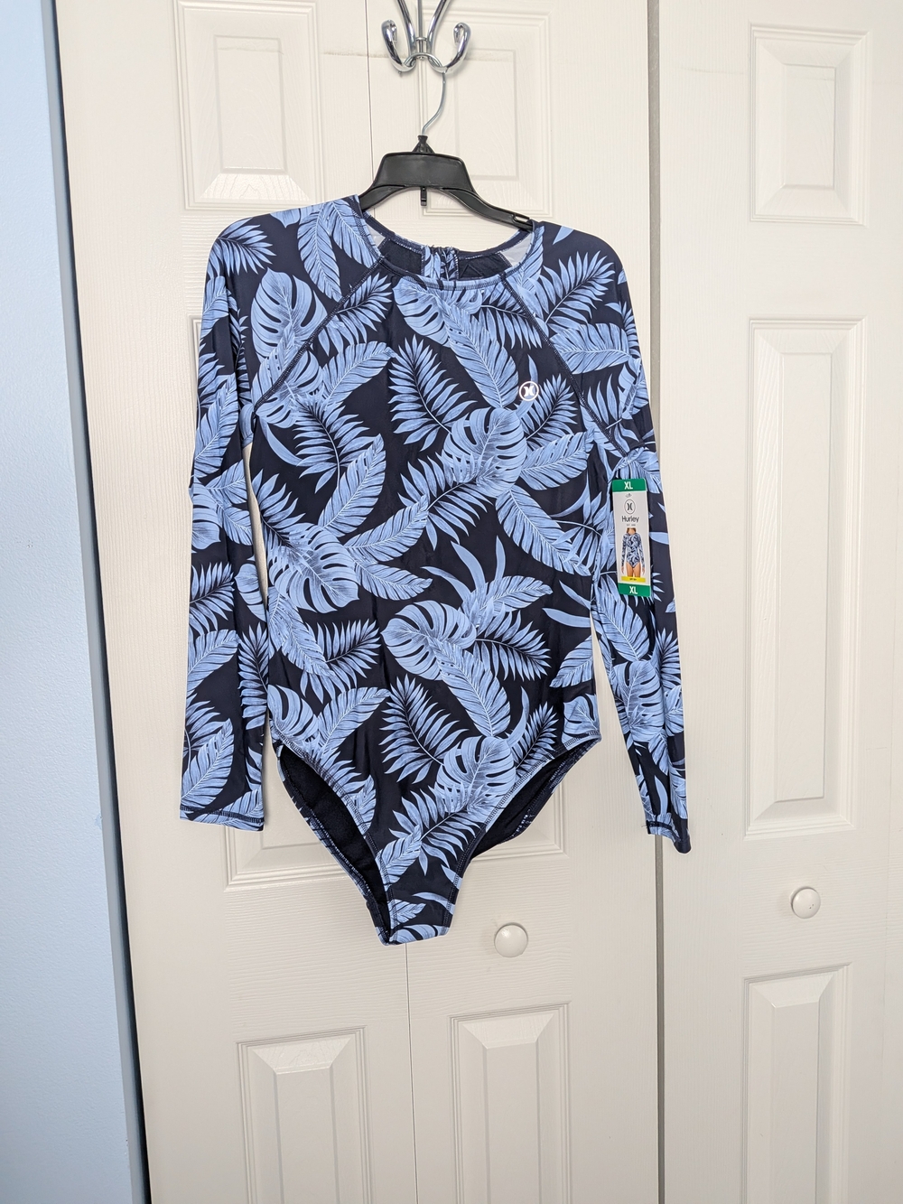 Hurley Black with Light Blue Tropical Leaf Long-Sleeve One-Piece